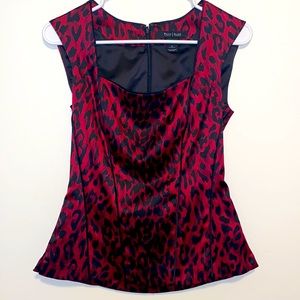 Size 2 White House Black Market Corseted Red Black Leopard Print Zipper Back Top